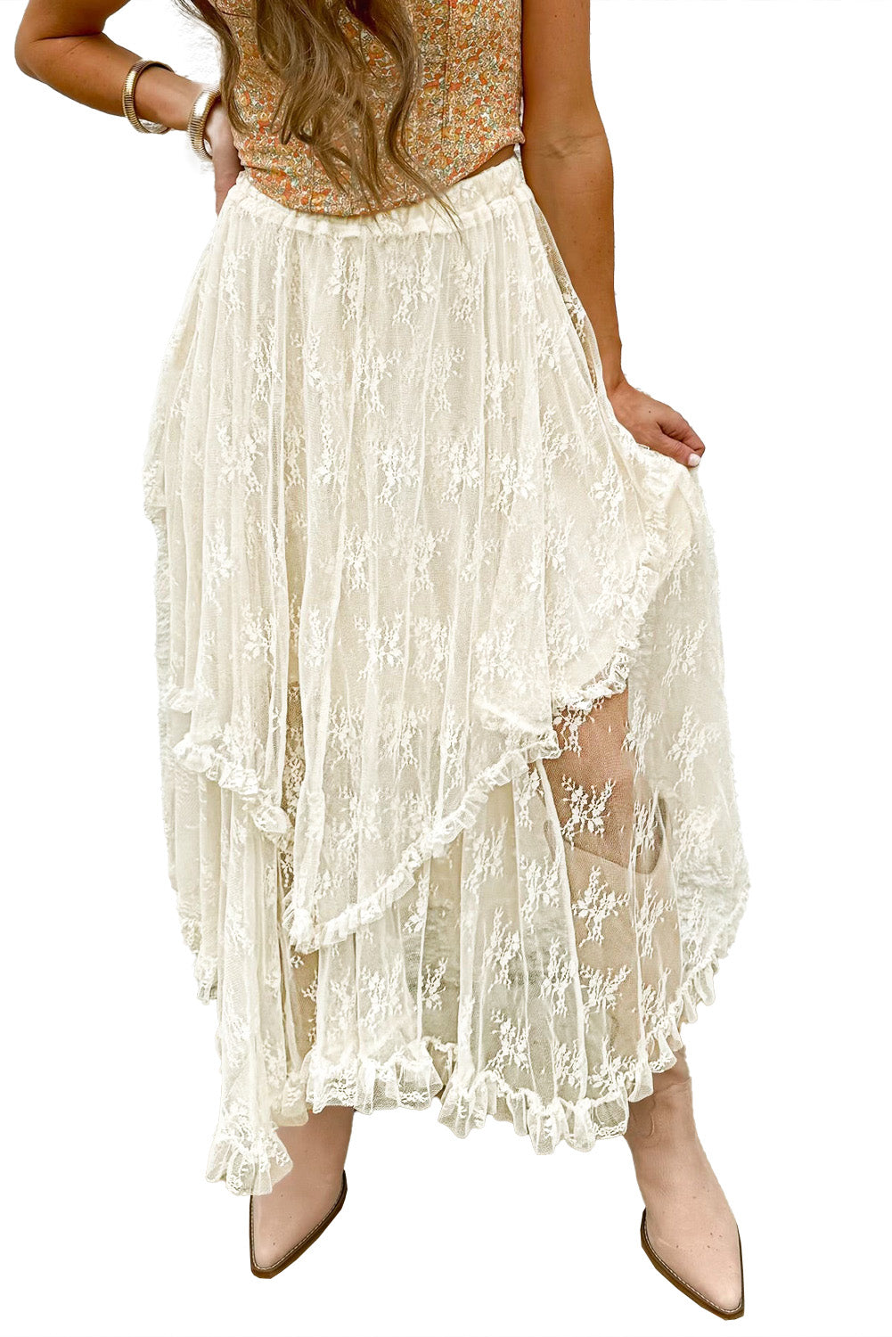 Beige Lace Cascading Tiered Maxi Skirt