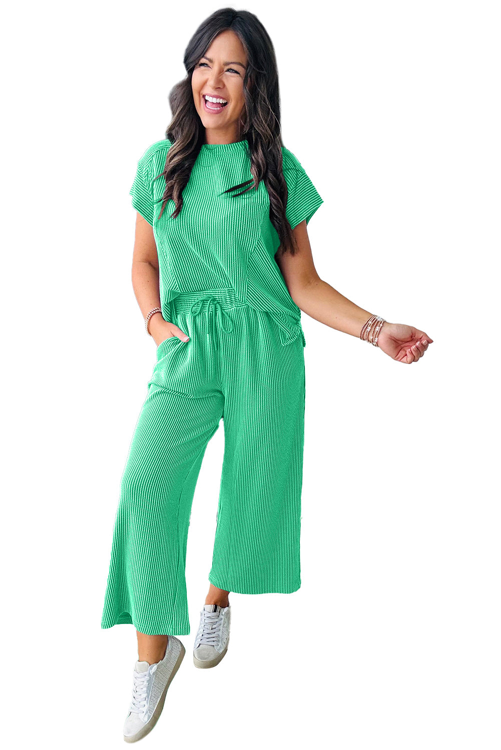Bright Green Solid Corded Wide Leg Pants Set