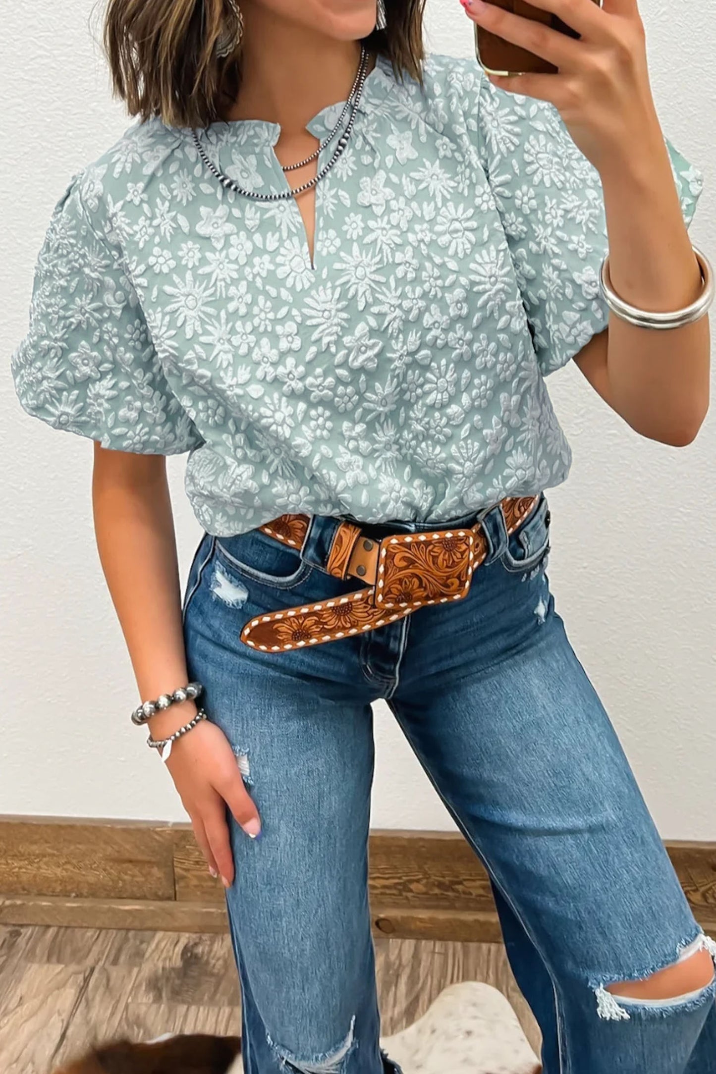 Textured Jacquard Puff Sleeve Blouse