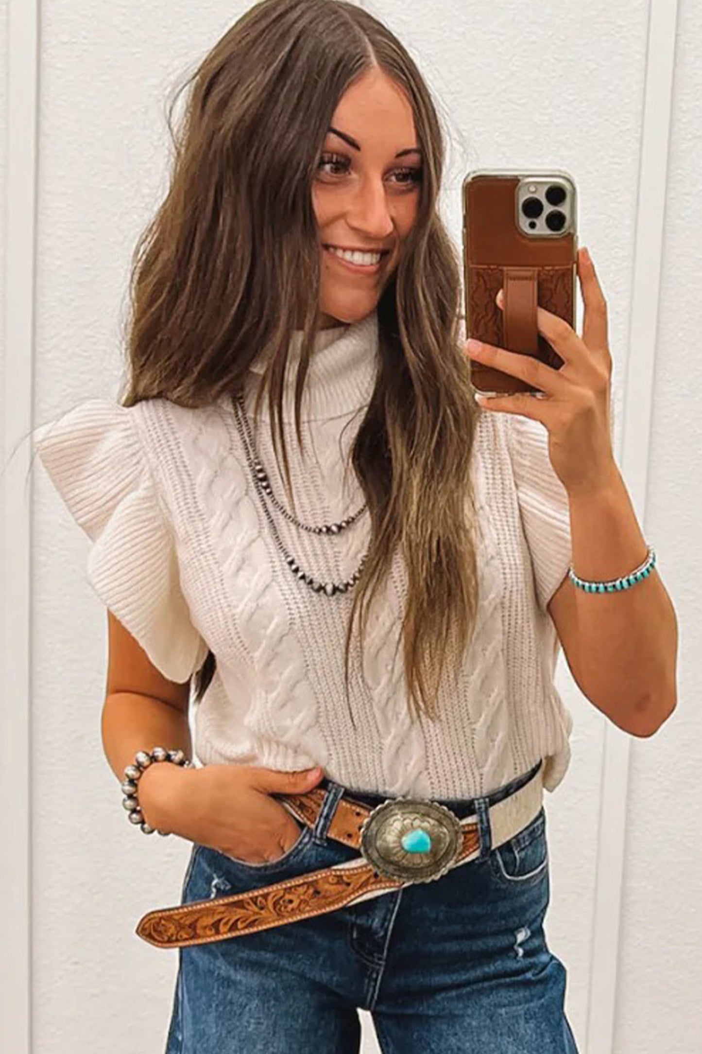 Cable Knit Ruffled Short Sleeve Sweater