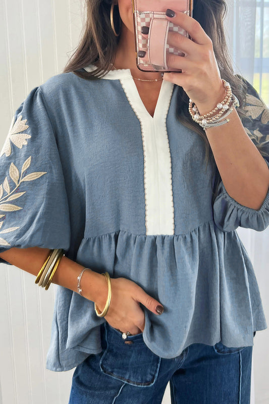 Embroidered Puff Sleeve Blouse