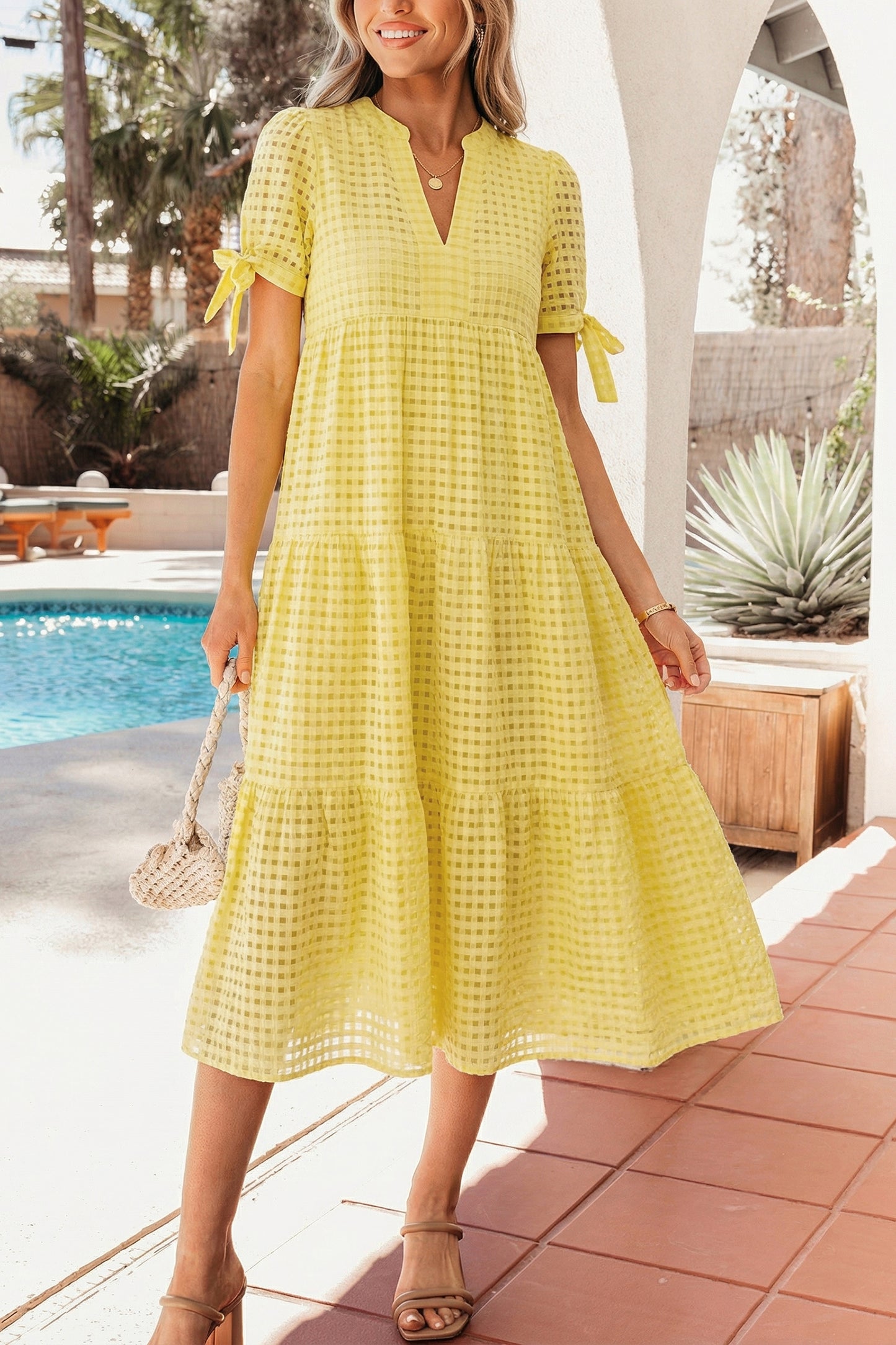 Lattice Textured Tiered Midi Dress