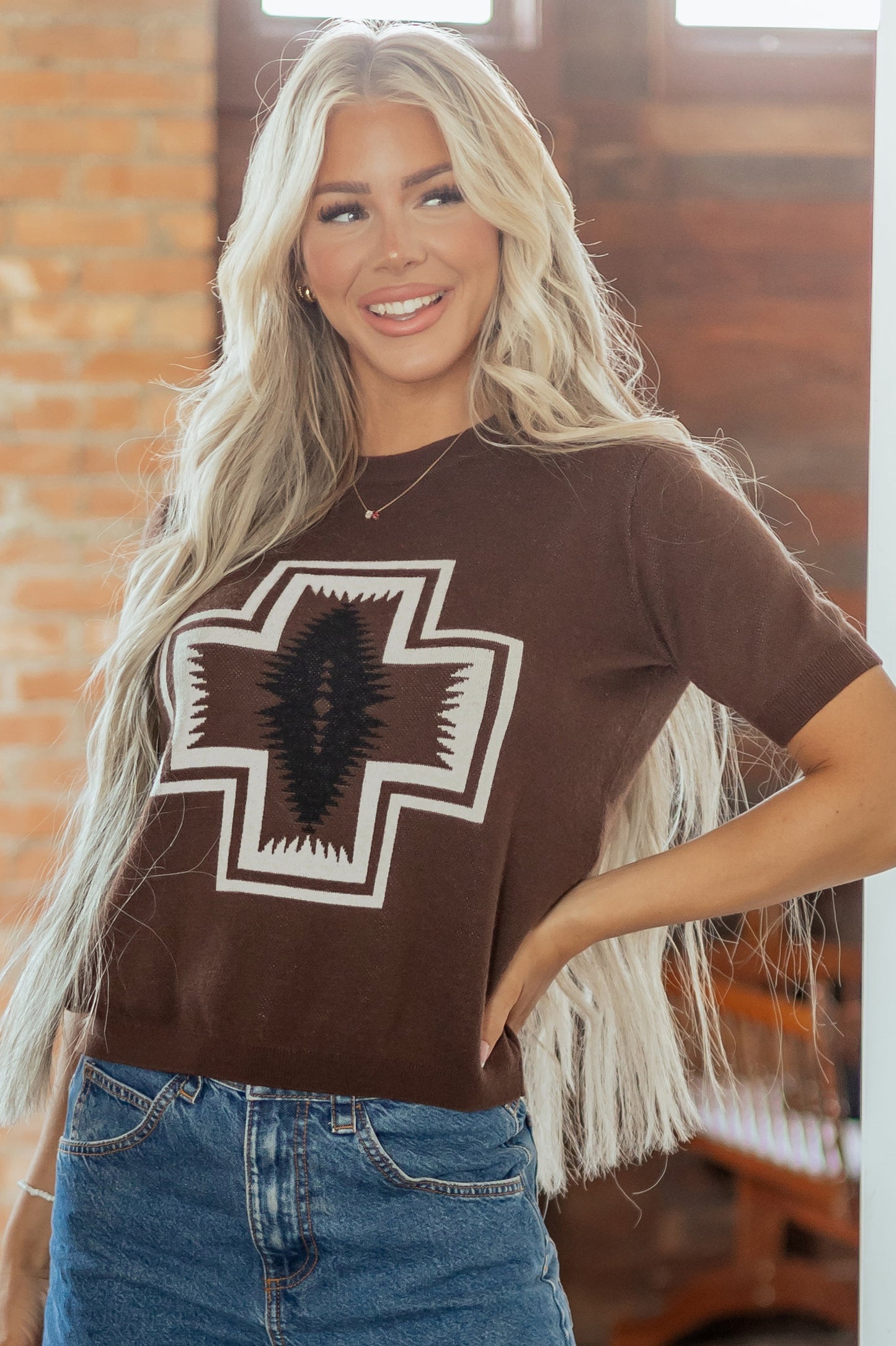 Brown Western Short Sleeve Sweater