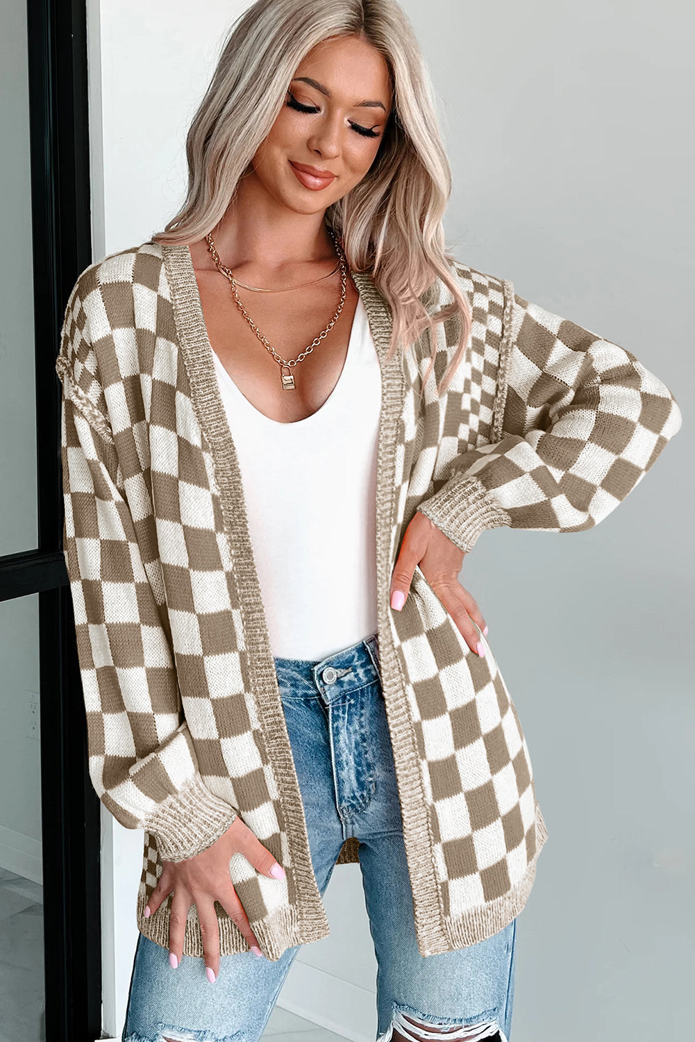 Checkered Open Front Cardigan