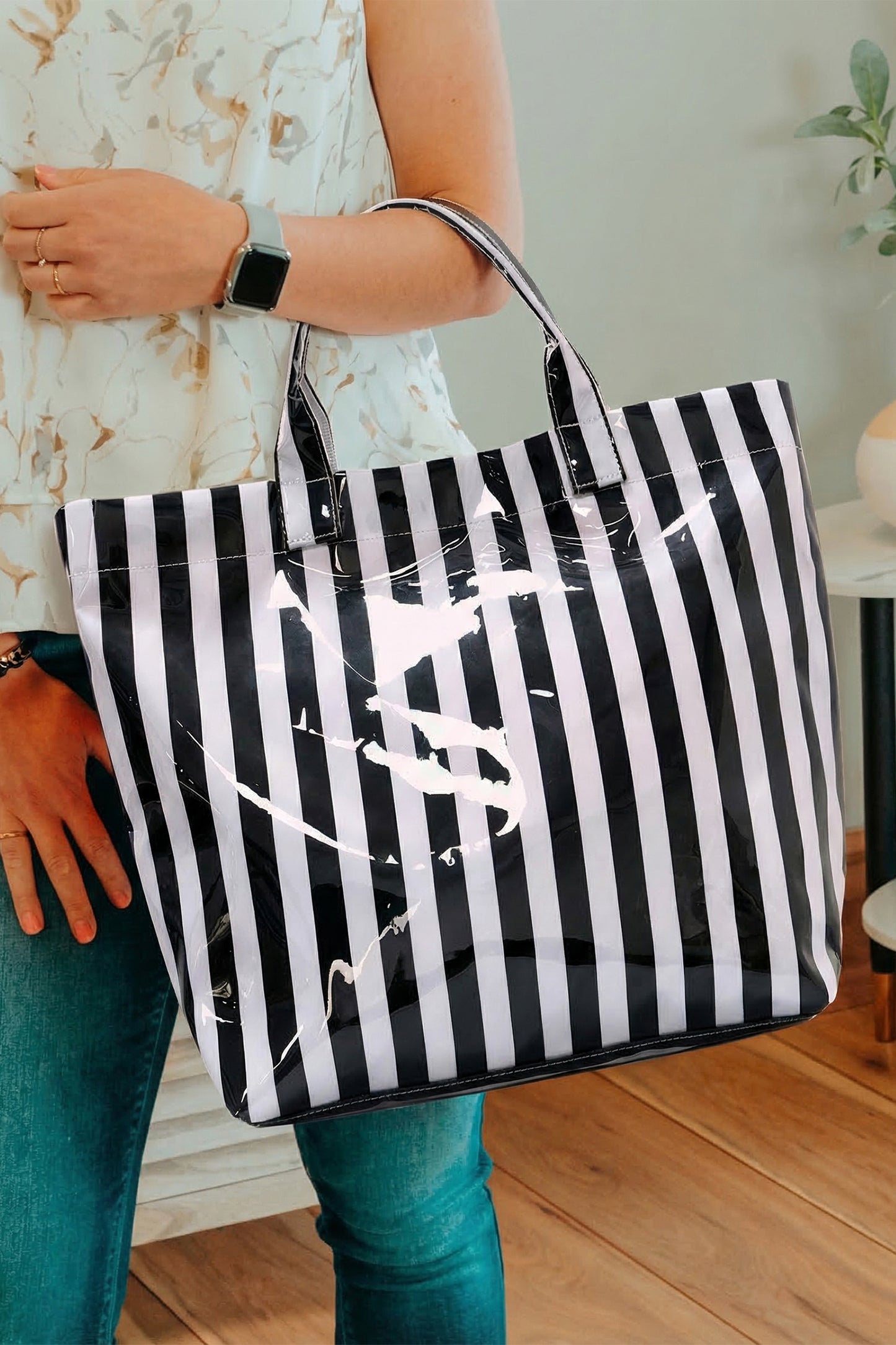 Large Waterproof Striped Carryall Tote Bag