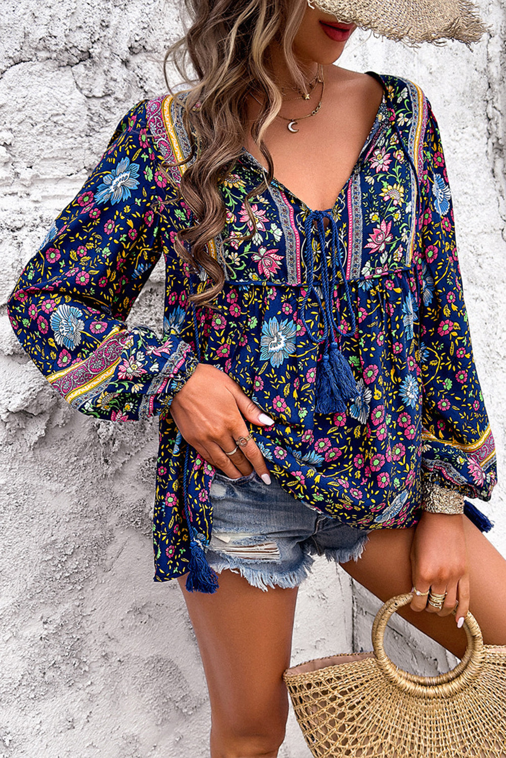 Tassel Tie Front Boho Blouse