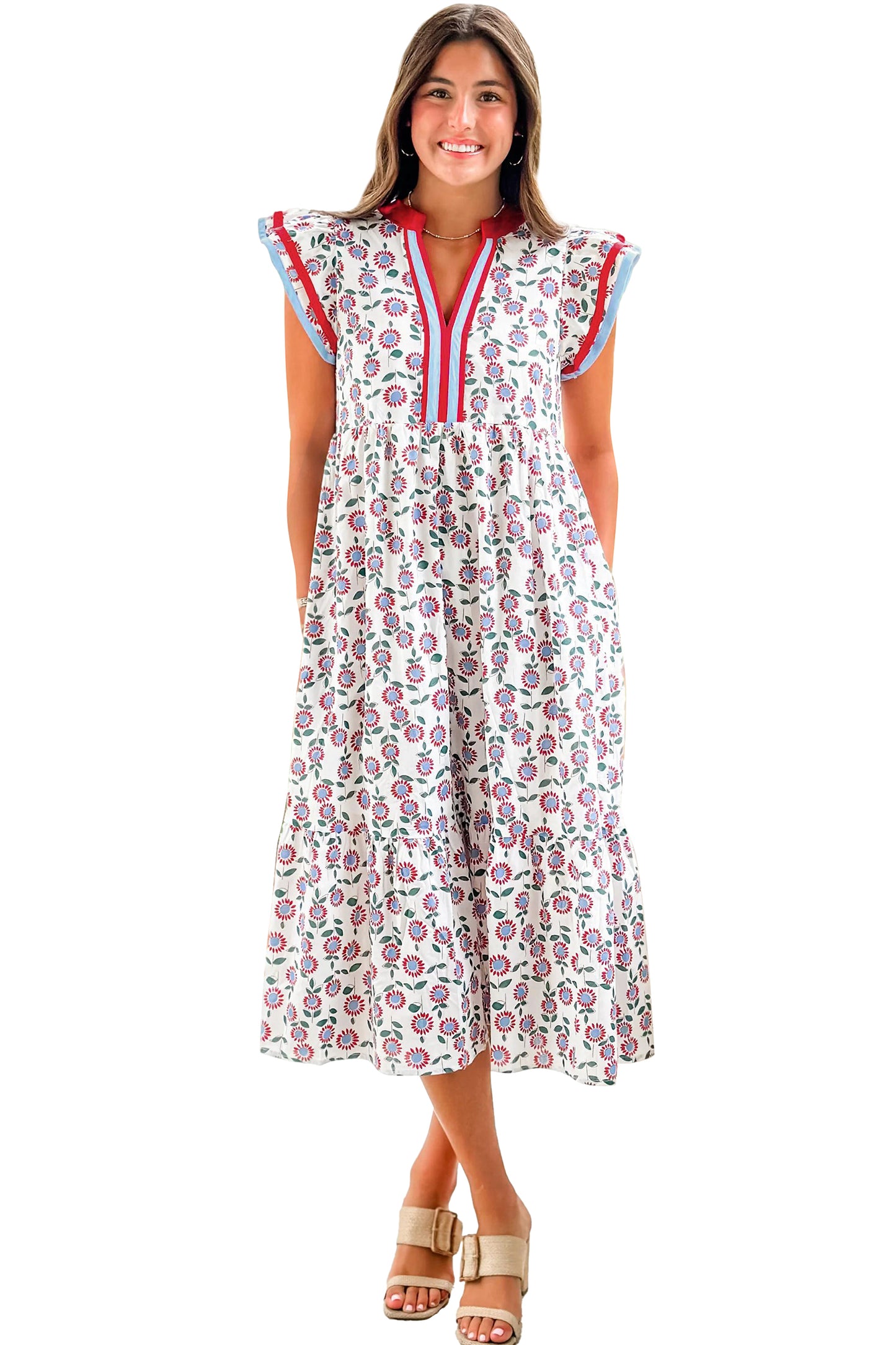 Sunflower Printed Flutter Sleeve Dress