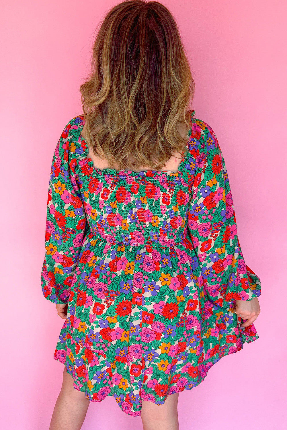 Square Neck Floral Shirred Dress - Plus