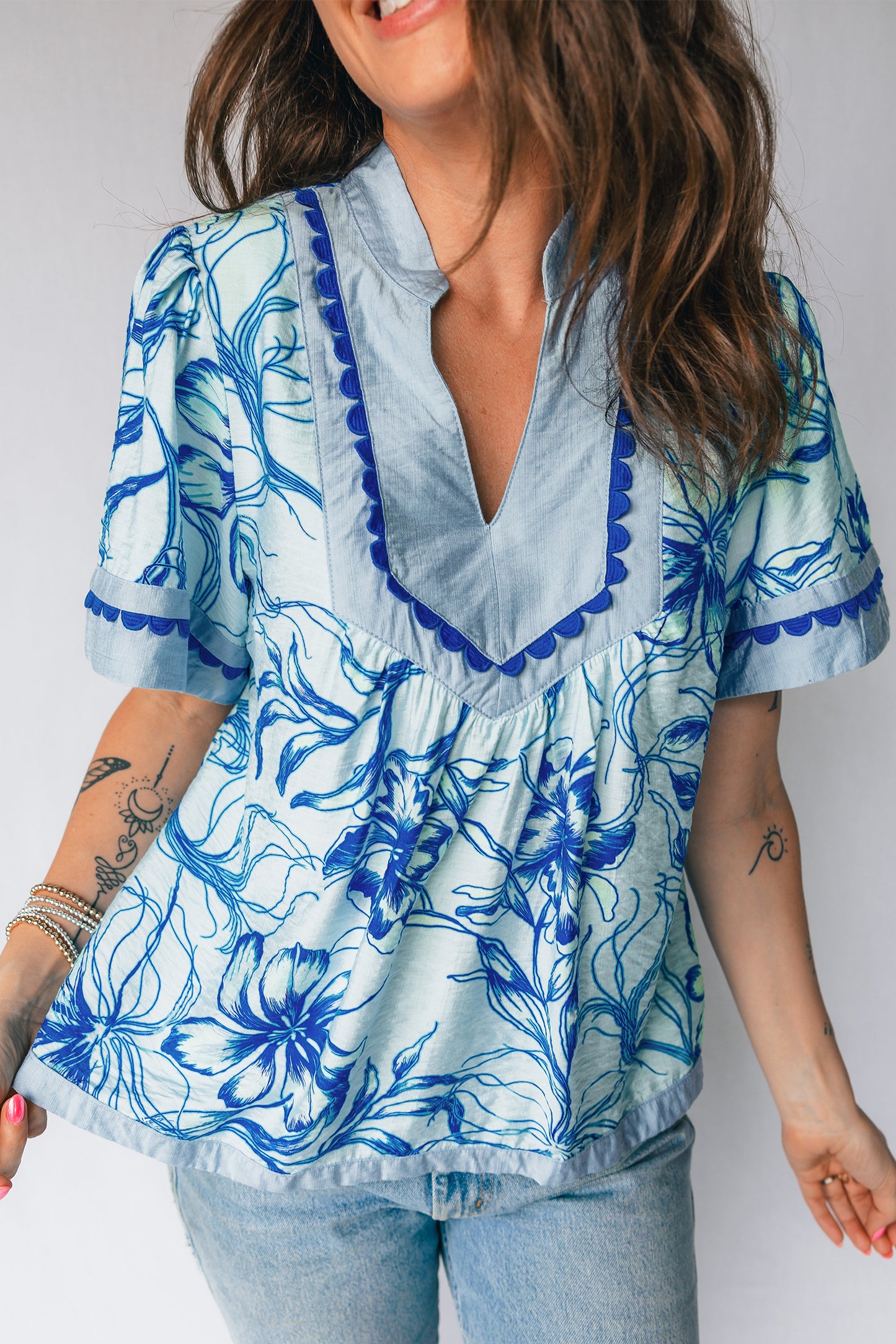 Blue Floral Ric Rac Trim Shirt