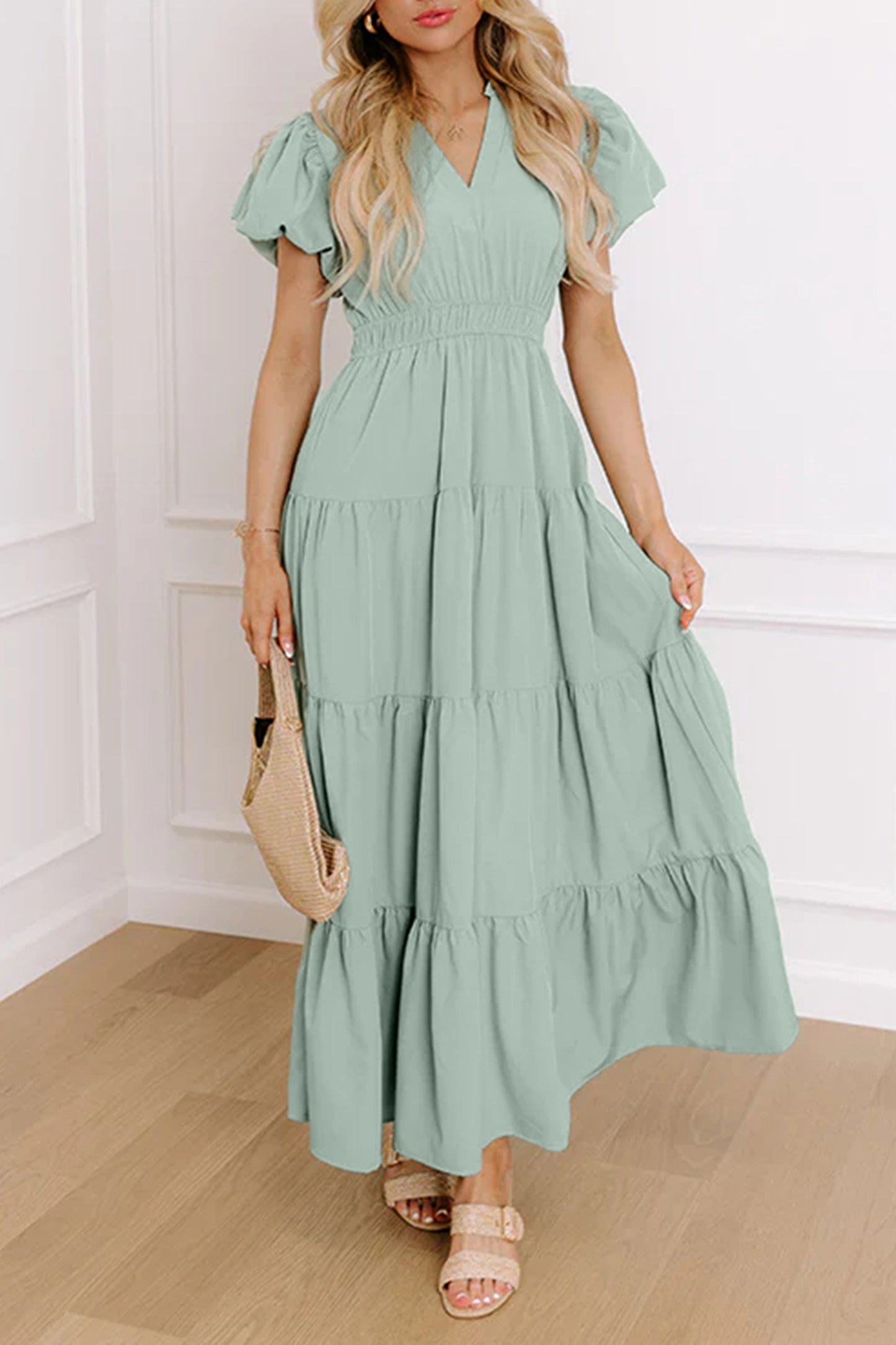 Solid Color V Neck Maxi Dress