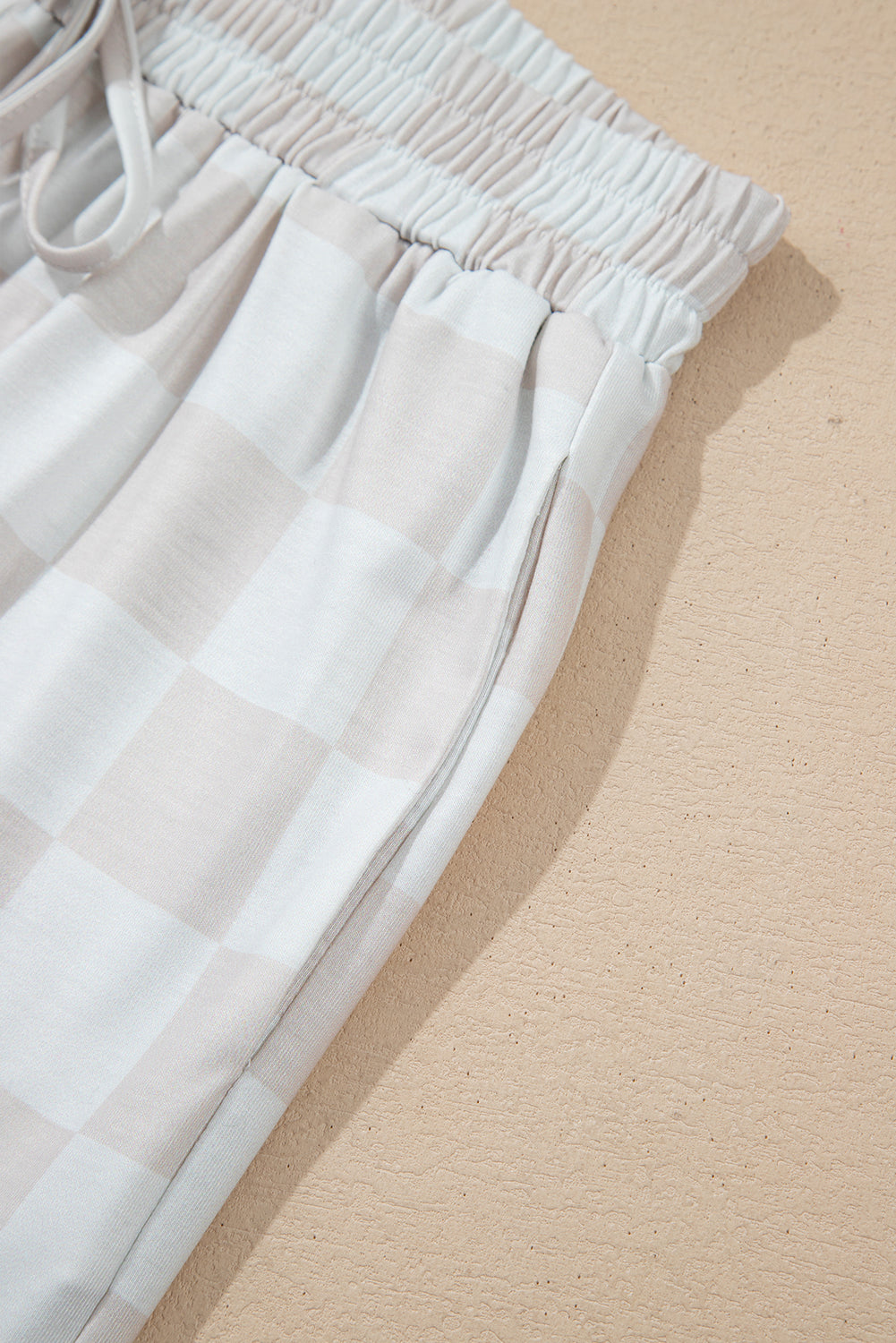 Beige Checkered  Drawstring Shorts Pajama Set