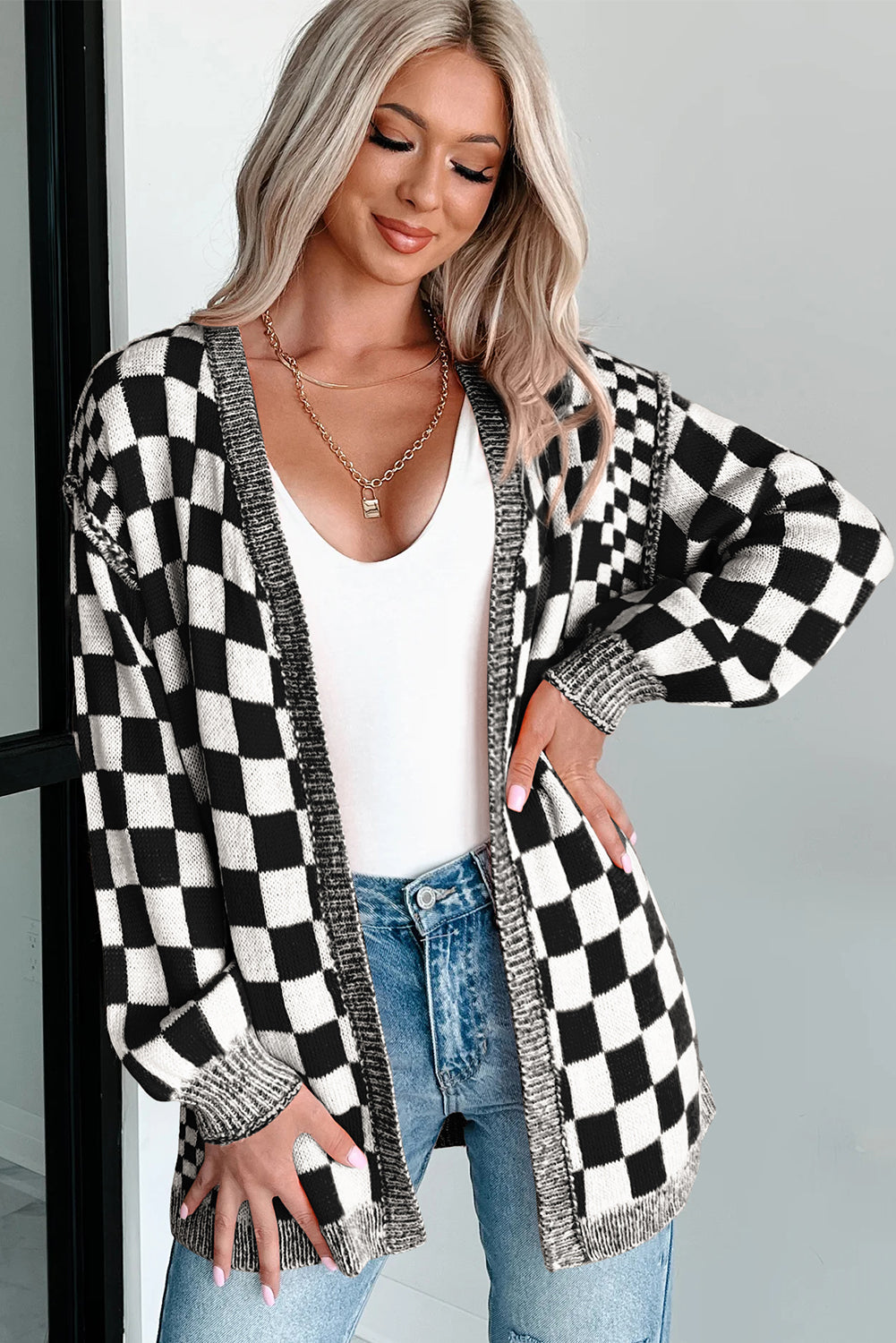 Checkered Open Front Cardigan