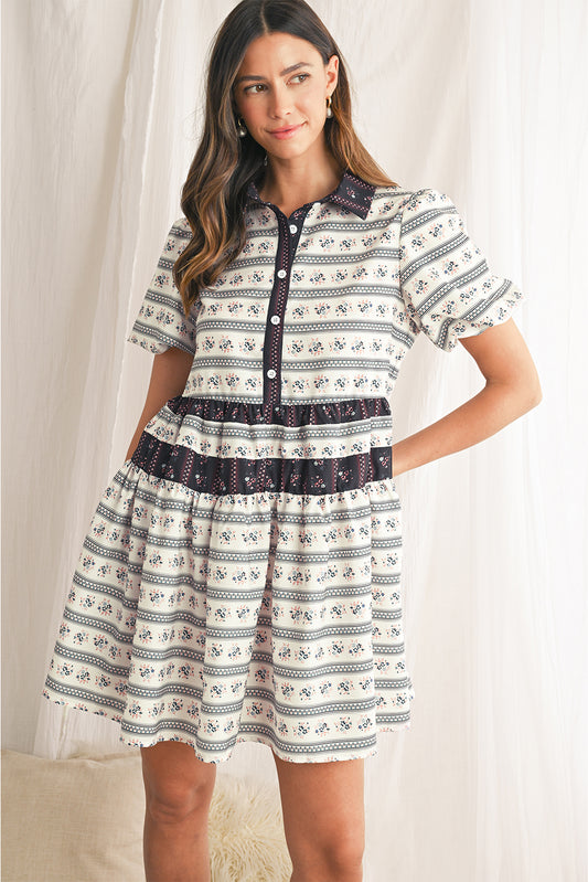 Black Floral Striped Bubble Sleeve Dress