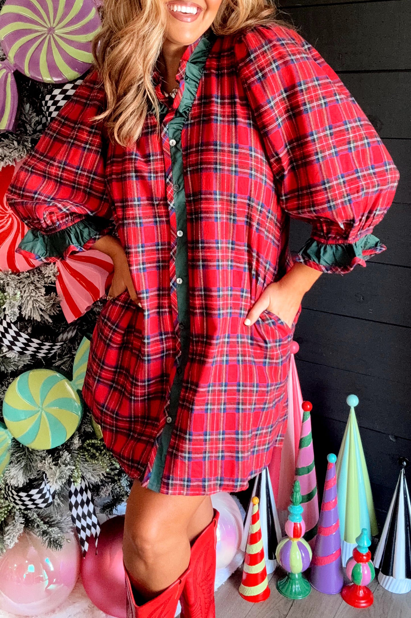 Festive Red Plaid Dress