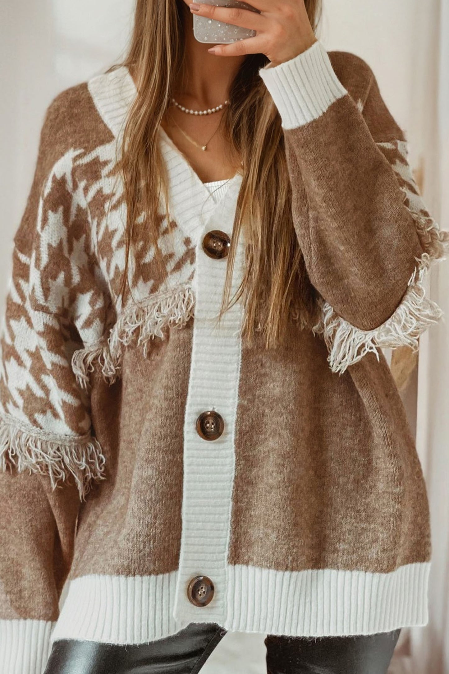 Khaki Houndstooth Cardigan