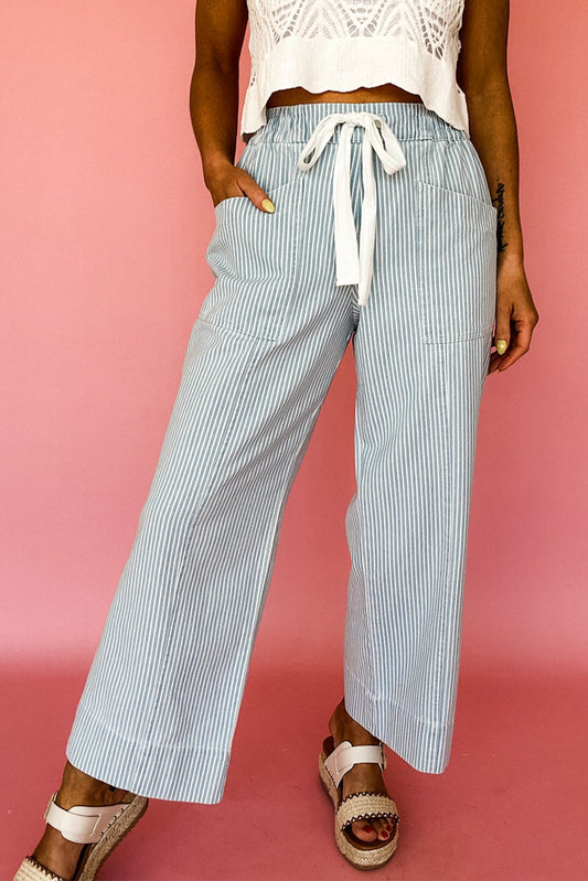 Striped Mid Rise Drawstring Waist Jeans