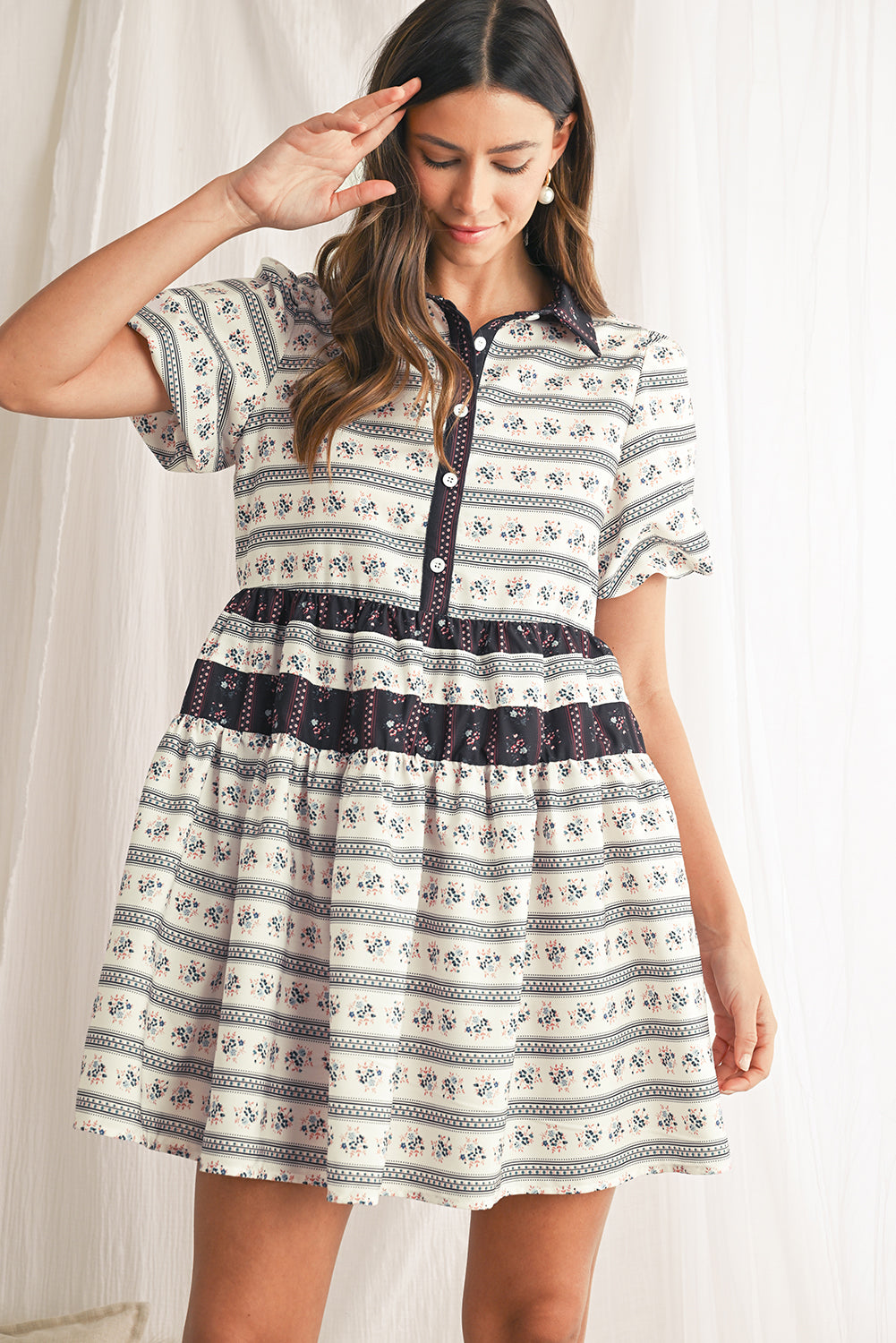 Black Floral Striped Bubble Sleeve Dress