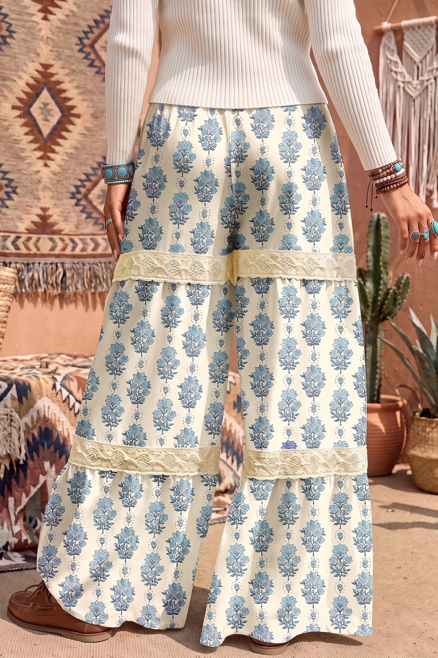 Blue Floral Leg Pants with Lace Detail