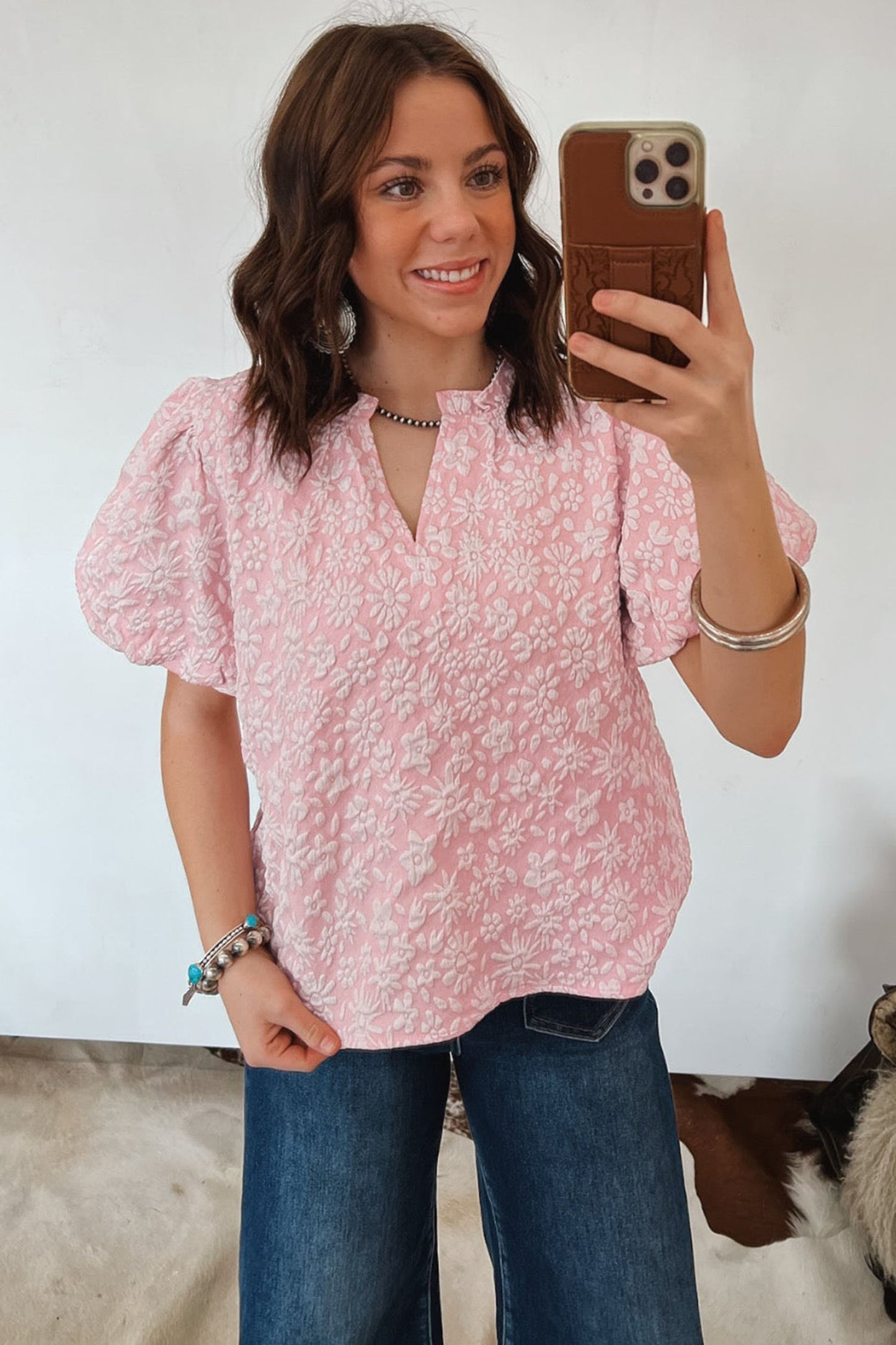 Textured Jacquard Puff Sleeve Blouse