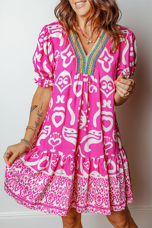Pink Boho Short Sleeve Flared Dress