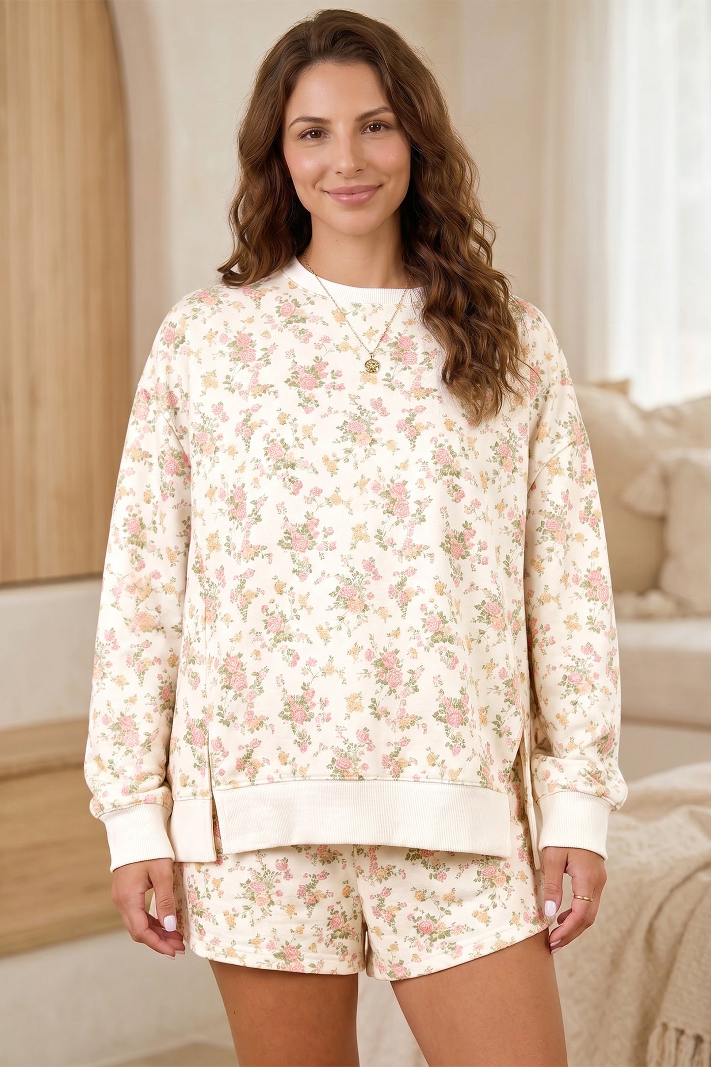 Beige Floral Print Shorts Set
