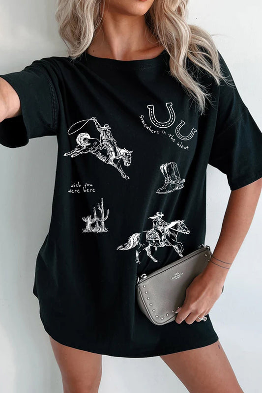 Black Western Cowboy Print Tee