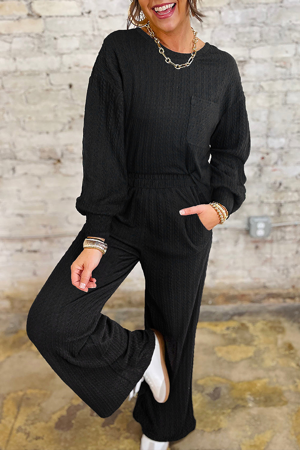 Black Textured Pants Set
