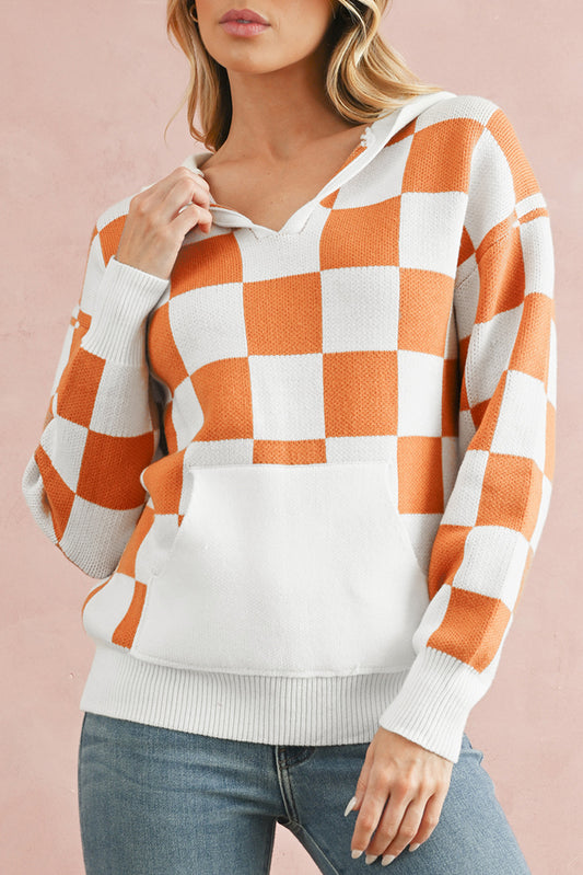 Orange Checkered Split Neck Pocket Hooded Sweater