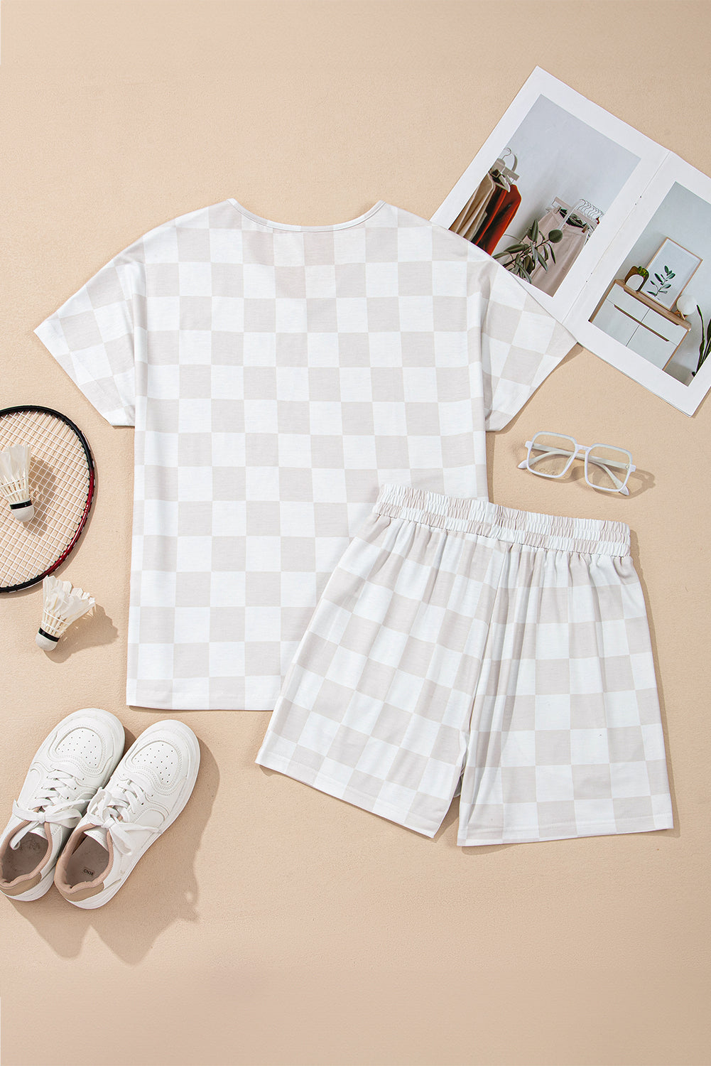 Beige Checkered  Drawstring Shorts Pajama Set
