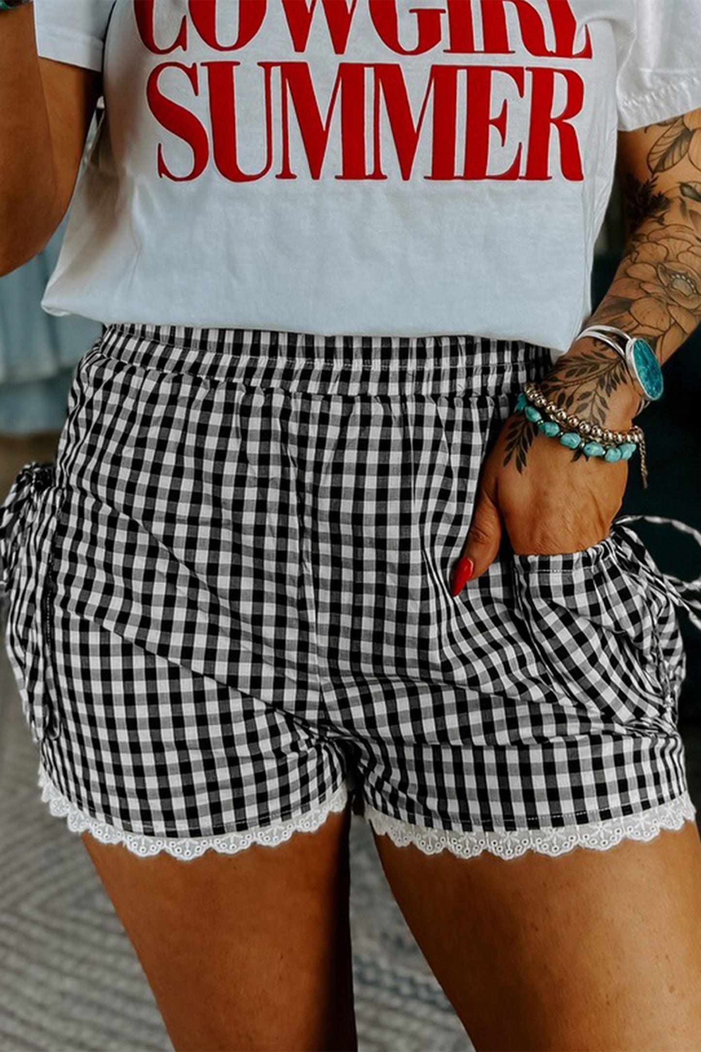 Black Gingham Lace Trim Shorts