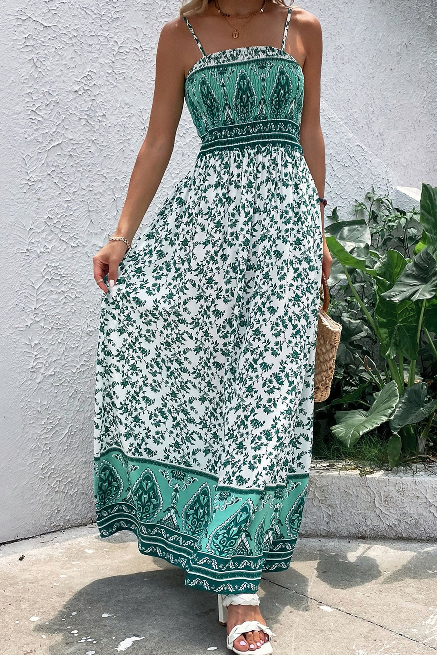 Green Boho Floral Maxi  Dress