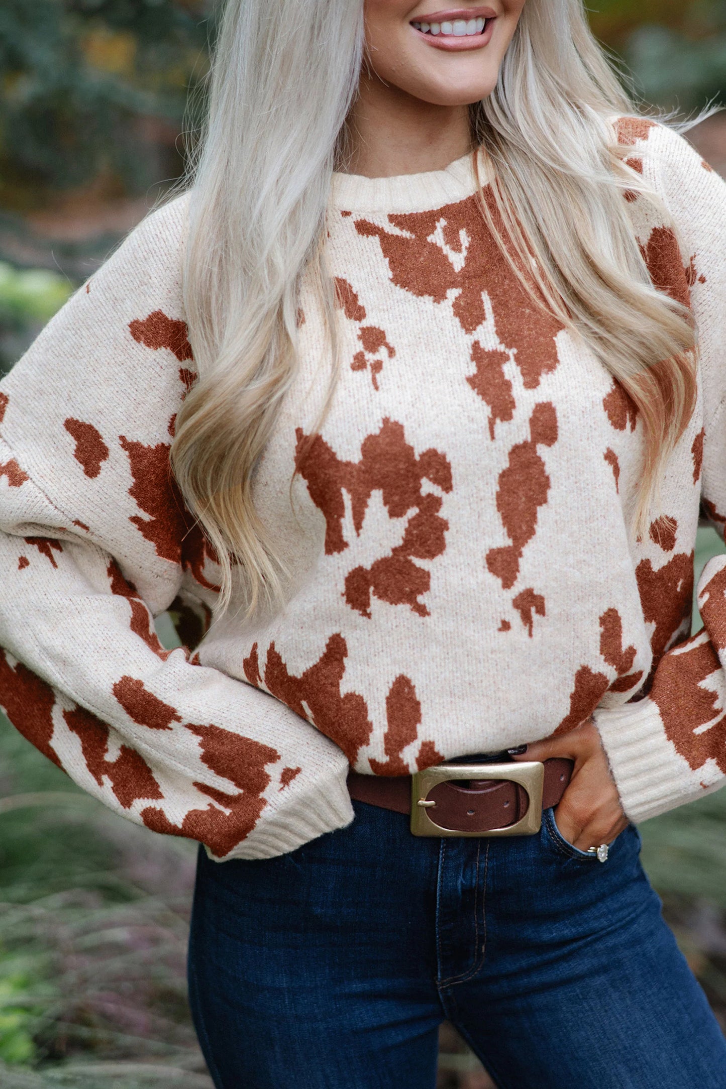 Khaki Cow Print Neck Sweater