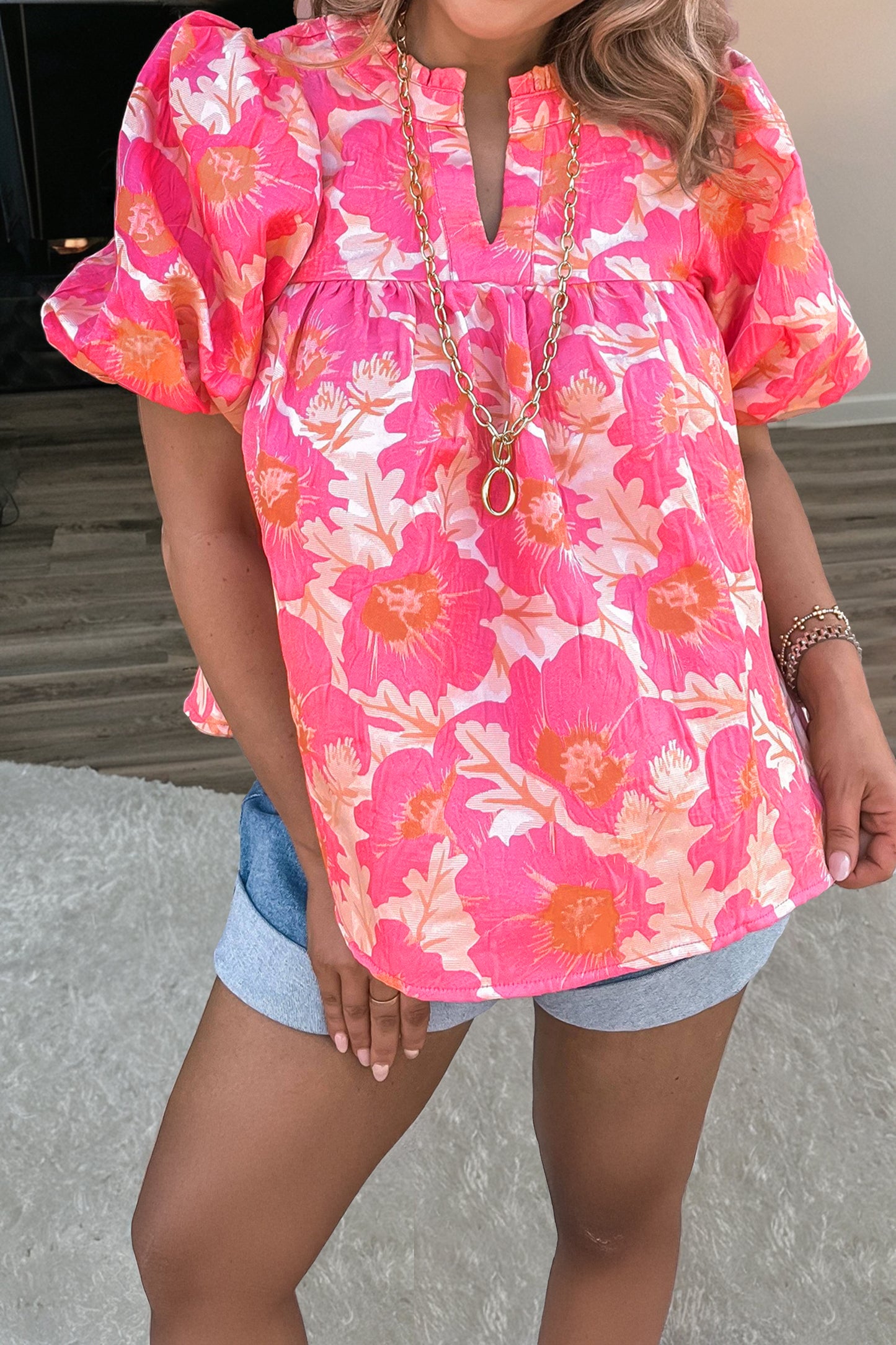 Bubble Sleeve Floral Blouse