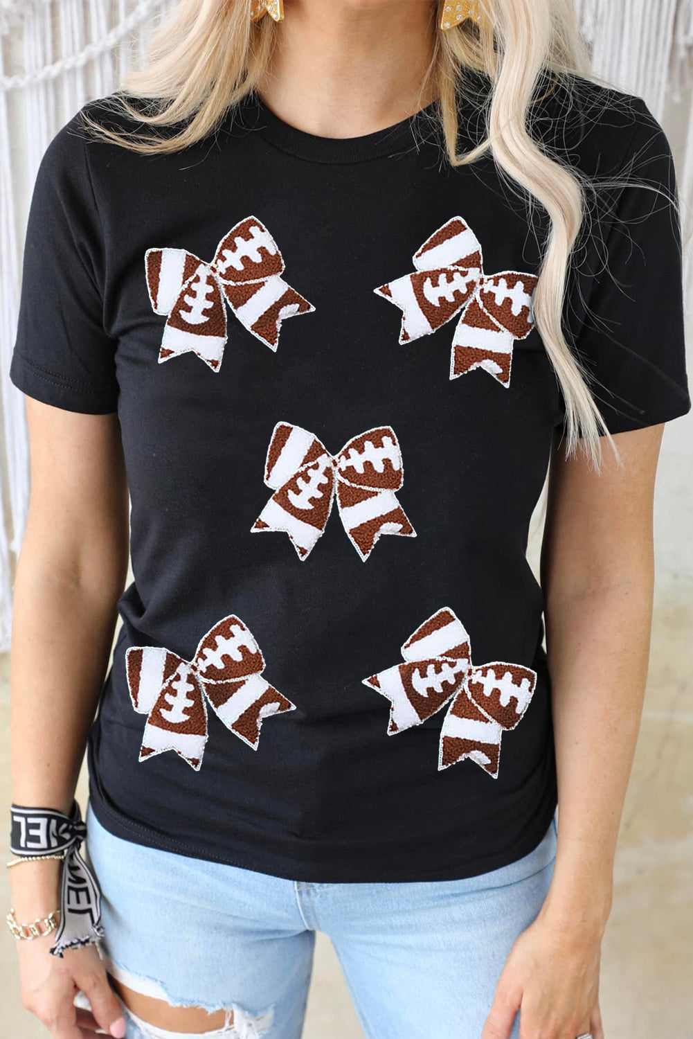 Black Game Day Sequin Football  T Shirt