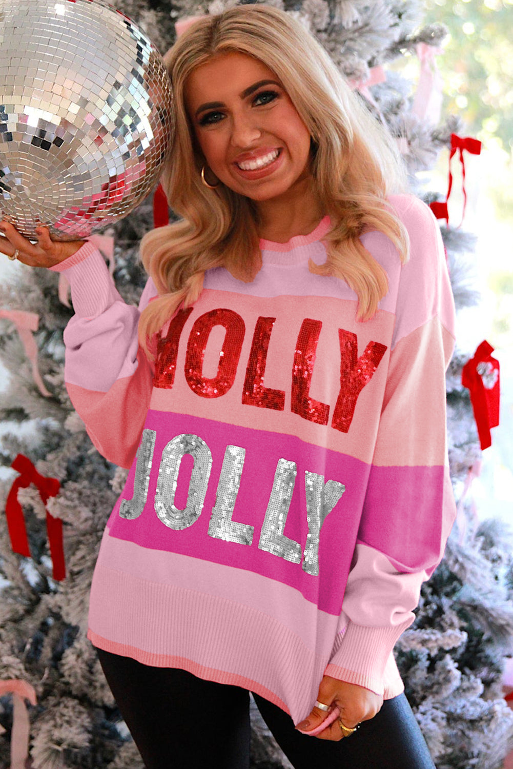 Pink HOLLY JOLLY Sequined Sweater