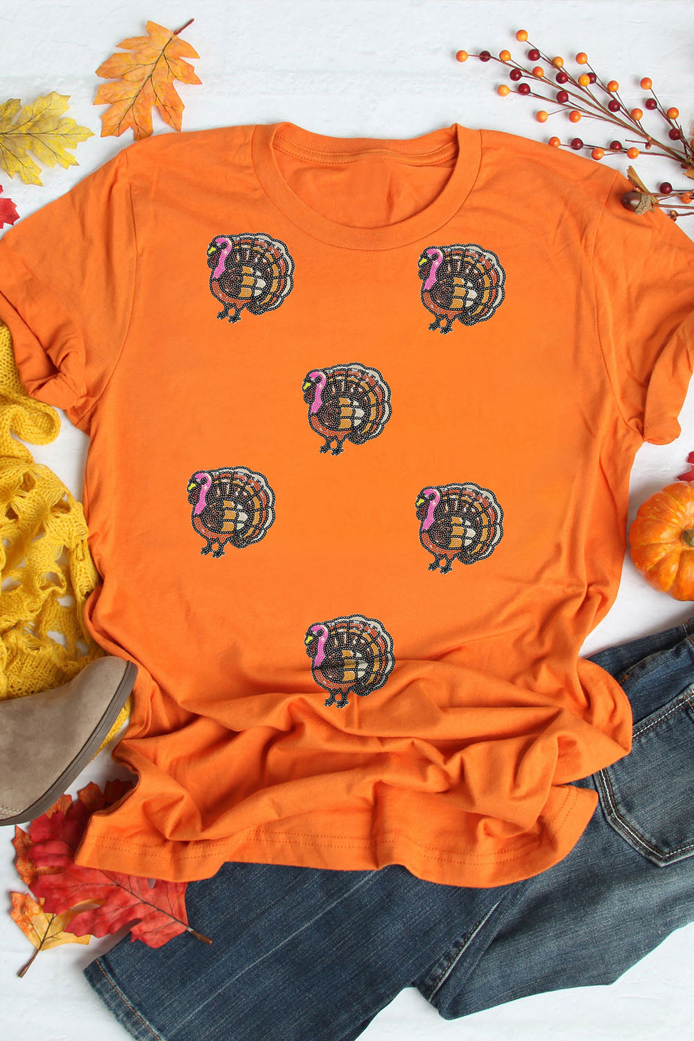Orange Sequin Thanksgiving Turkey T Shirt