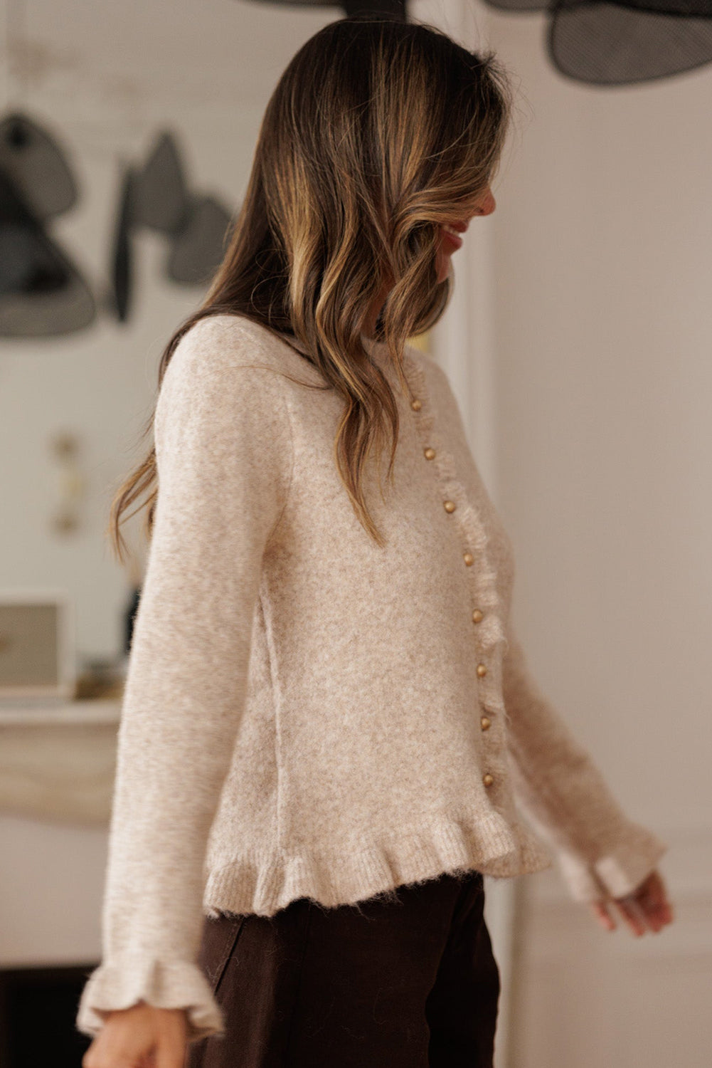 Oatmeal Ruffle Trim Cardigan