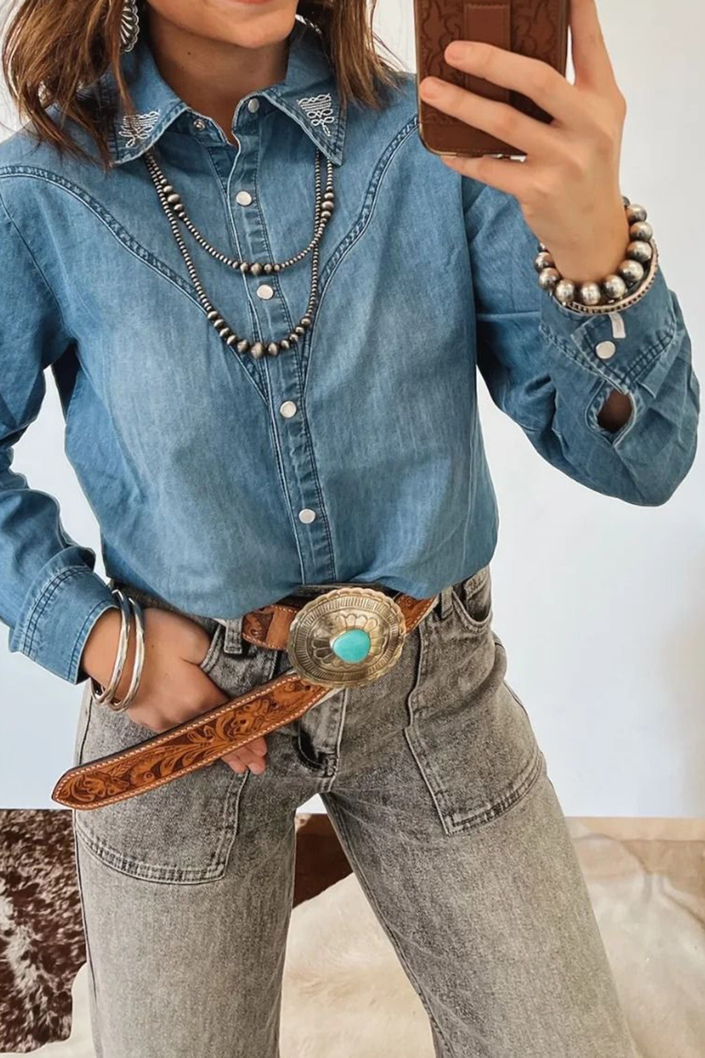 Embroidered Western Denim Shirt