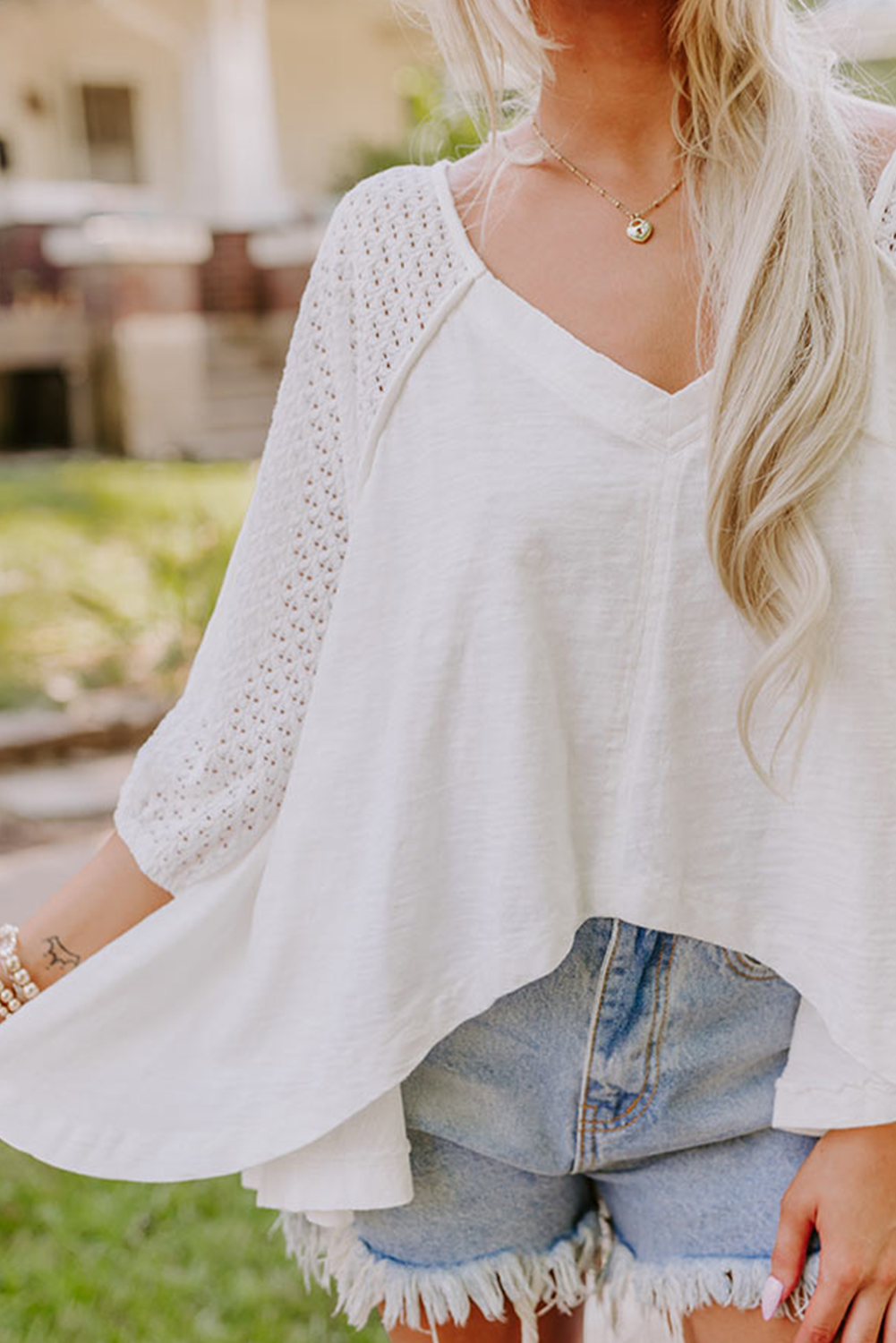 White Eyelet Patchwork Oversized Top
