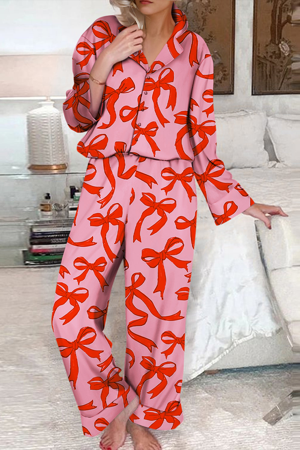 Bow Print Loose Pants Pajama Set