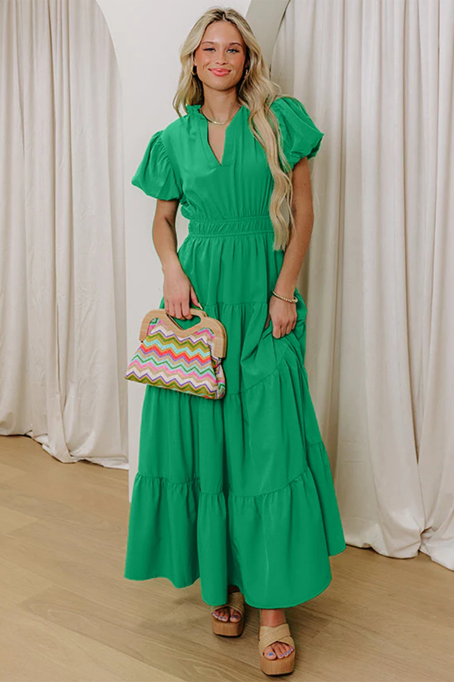 Solid Color V Neck Maxi Dress