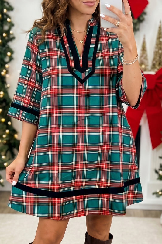 Festive Green Plaid Velvet Trim Dress