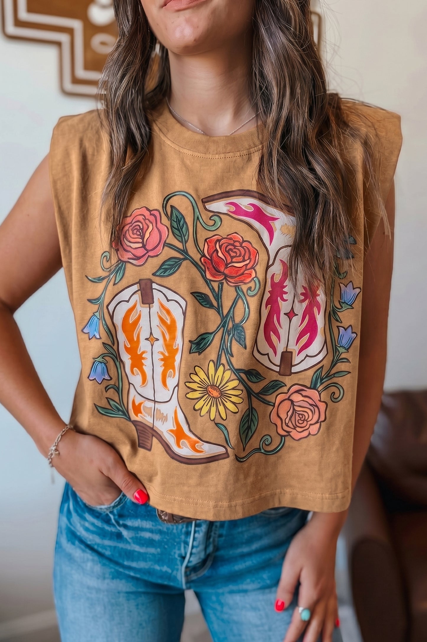Western Boots Flower Printed Loose Tank Top
