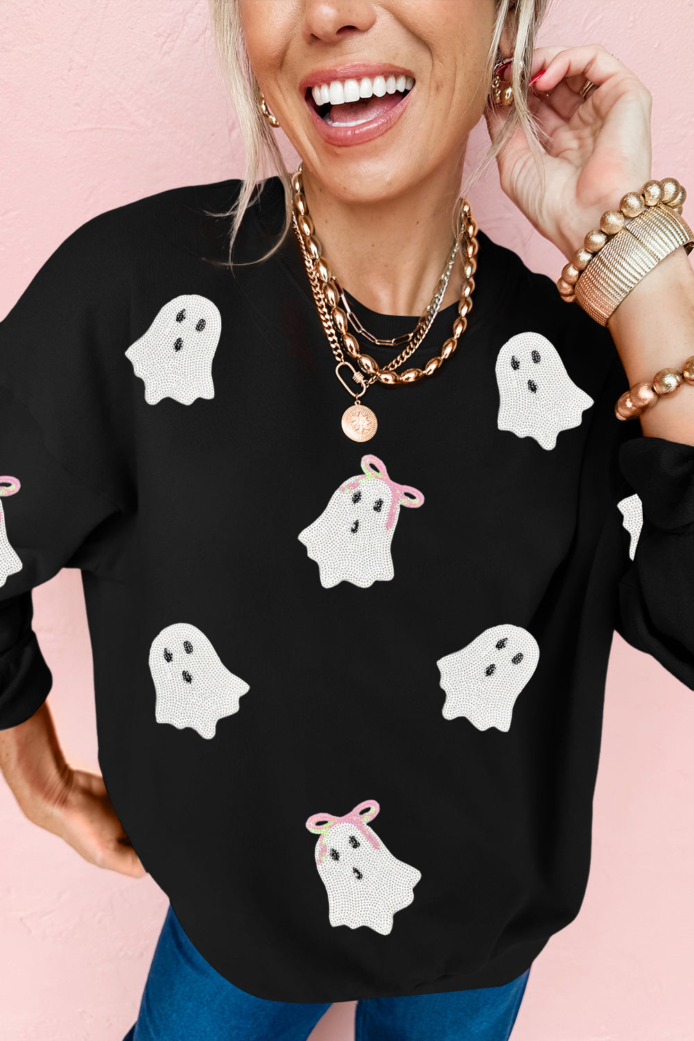 Black Sequin Cute Ghost Halloween Sweatshirt