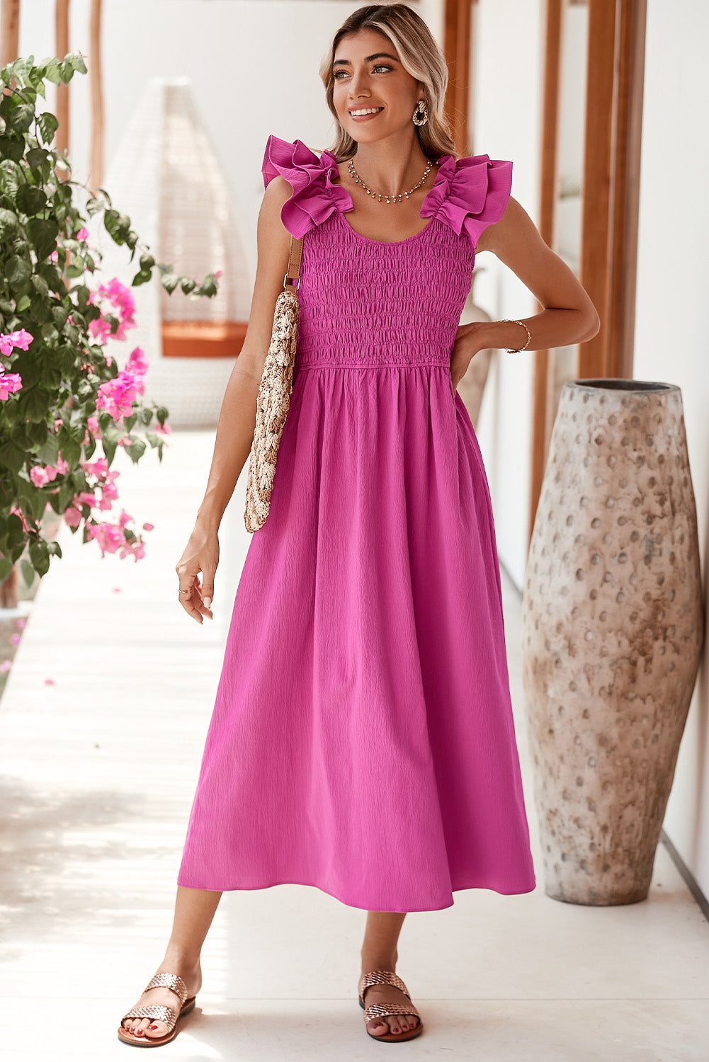 Pink Smocked Midi Dress