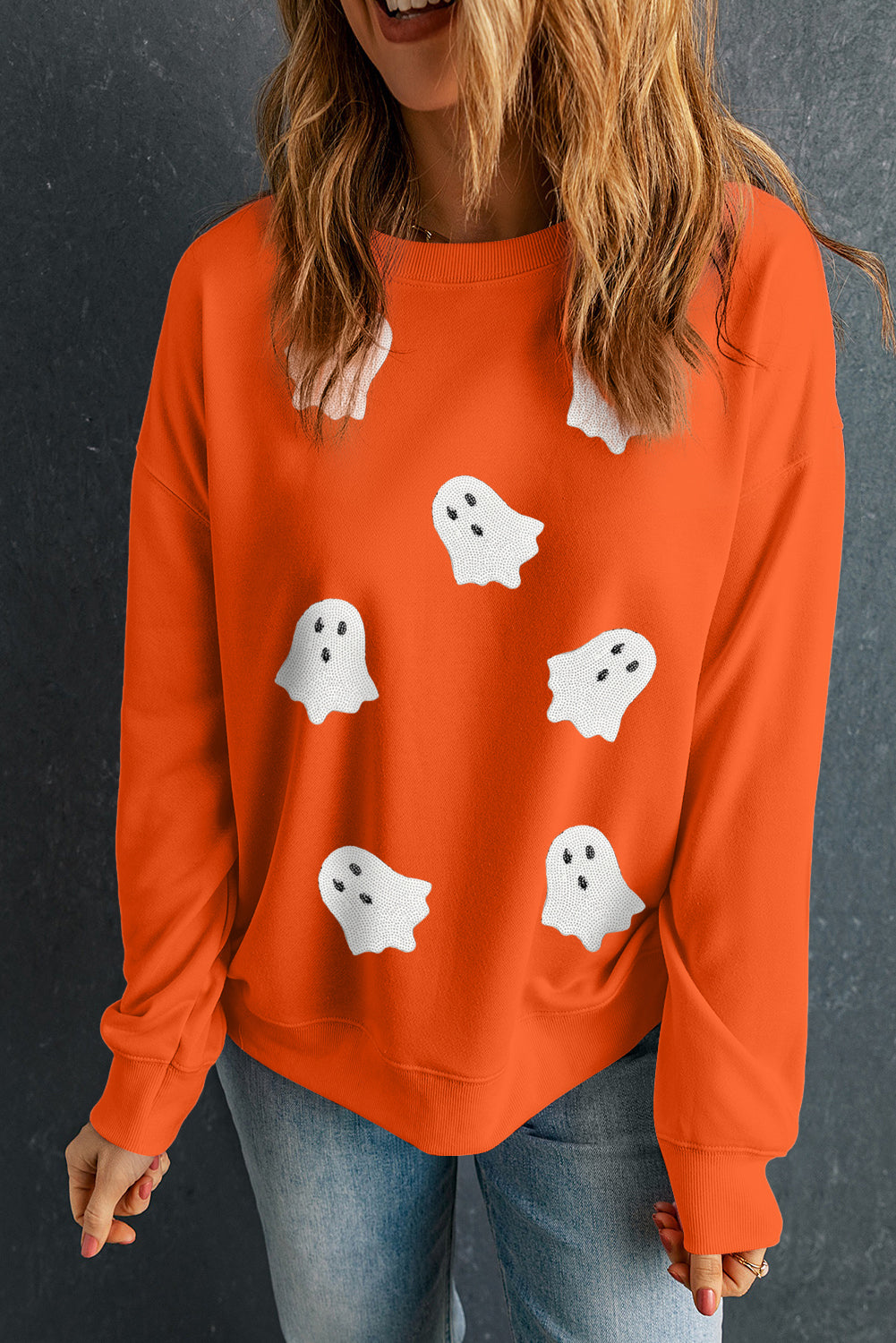 Orange Sequin Halloween Ghost Sweatshirt