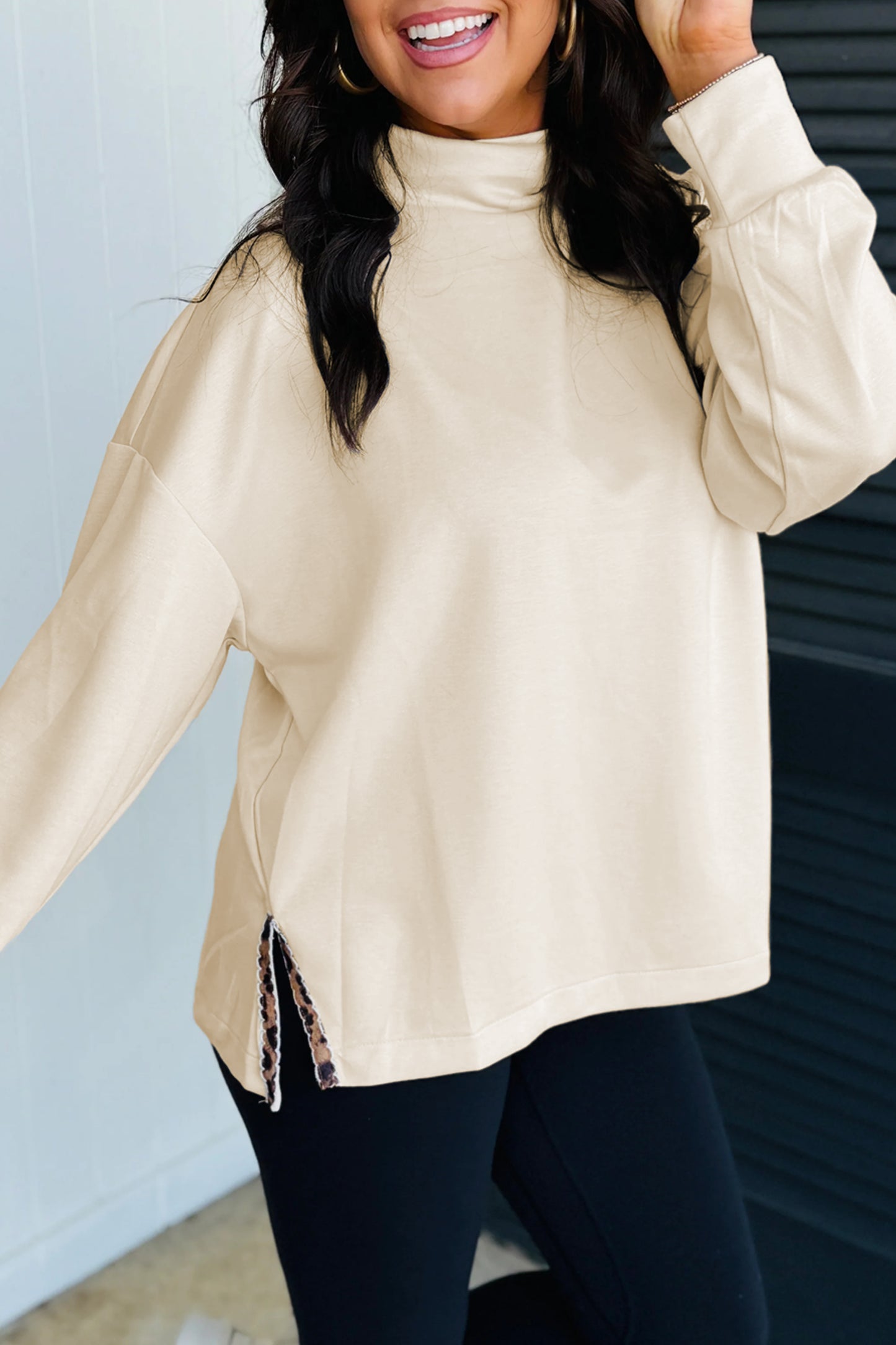 Mock Neck Leopard Detail Top