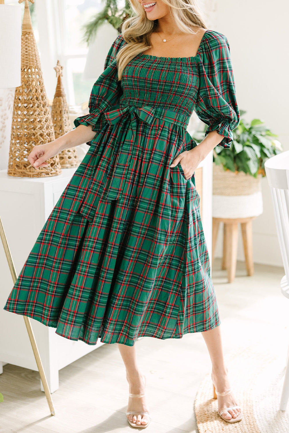 Christmas Plaid Flared Midi Dress