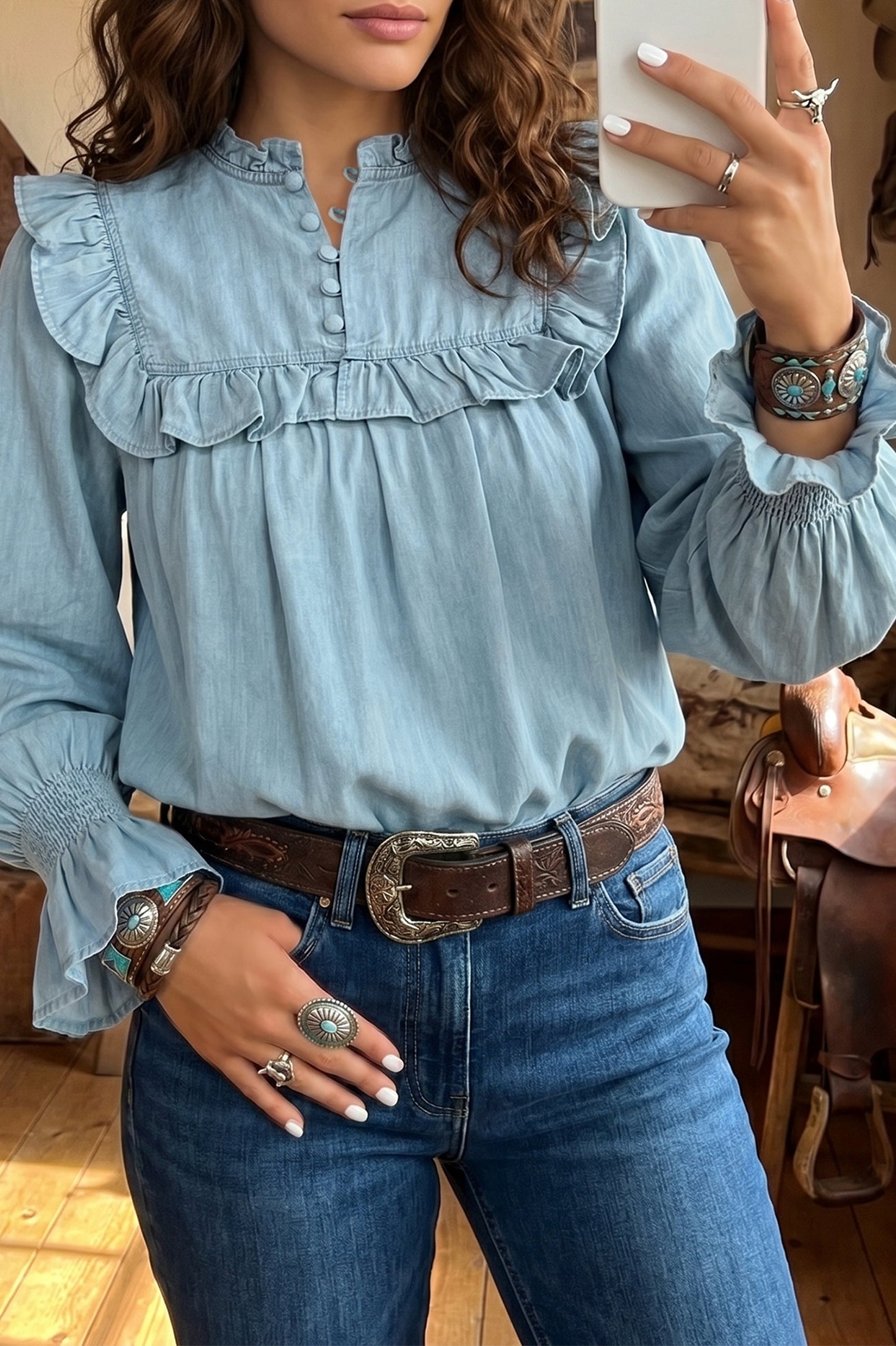 Western Ruffle Chambray Blouse