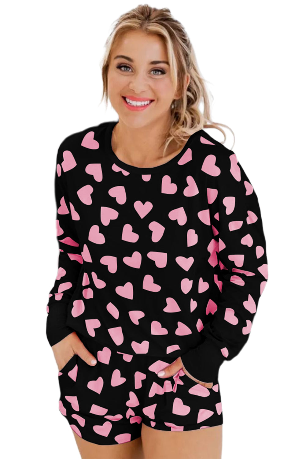 Heart Print Long Shorts Loungewear Set